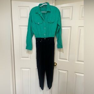 SEATTLE GEAR Vintage 80s Jumpsuit One Piece Stirrup‎ Pant Green Black Medium